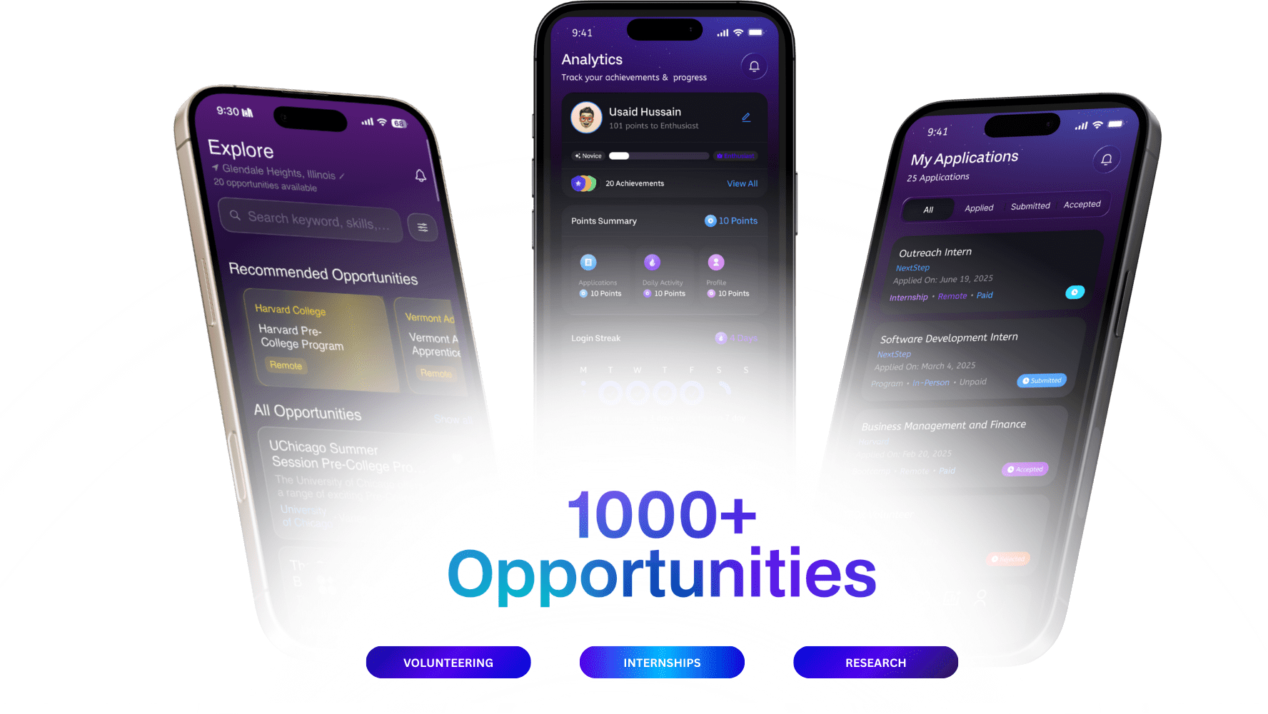 NextStep app complete interface showing high school student internship search, scholarship finder, application tracker, and career development tools for teenagers